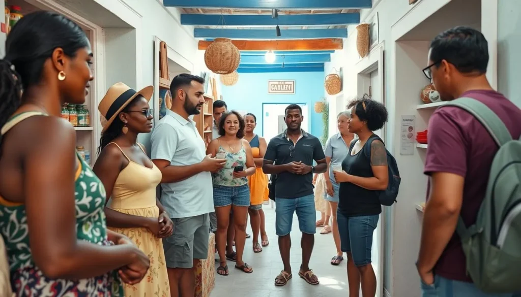 Tourists respectfully interacting with locals at a small shop in Lorient village
