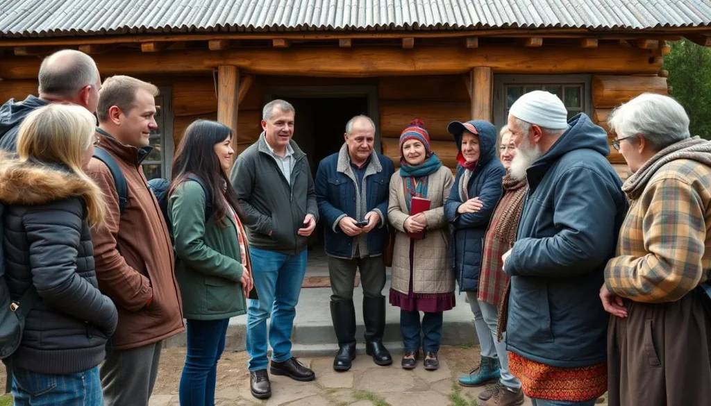 Tourists respectfully observing local customs in a traditional village Tourists respectfully observing local customs in a traditional village