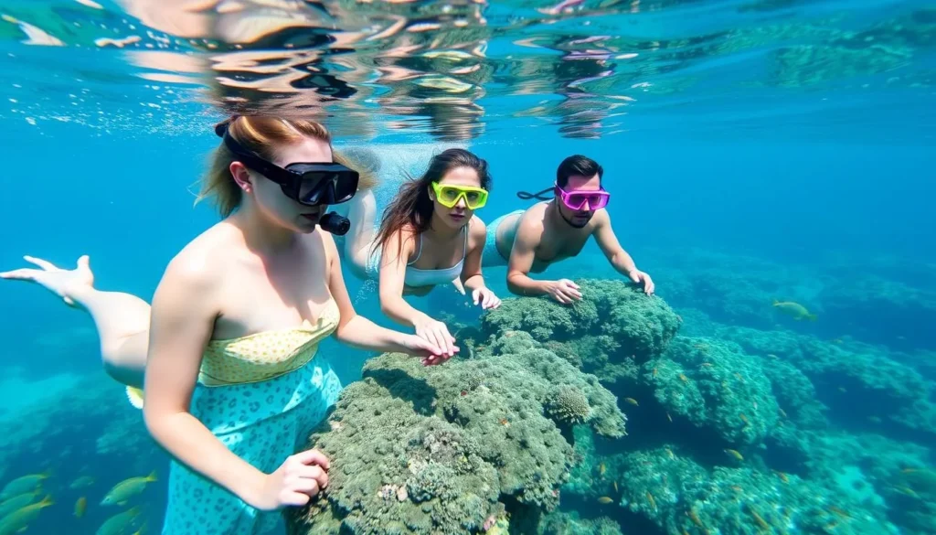 Tourists respectfully observing marine life while snorkeling at Seven Mile Beach Grand Cayman