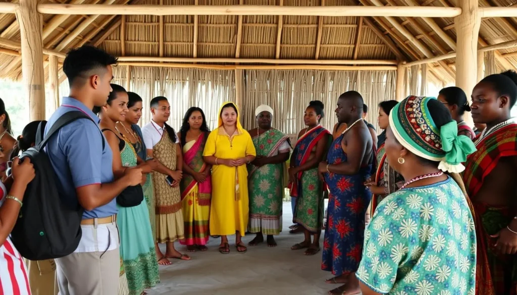 Tourists respectfully participating in a traditional Kiribati welcome ceremony