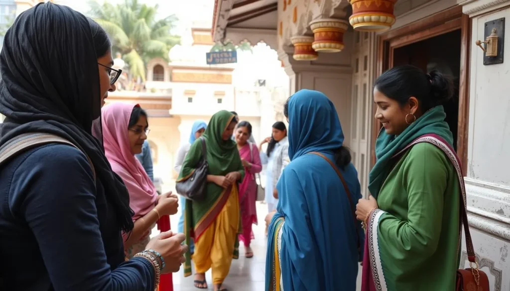 Tourists respectfully visiting a local temple in Udaipur, properly dressed according to local customs