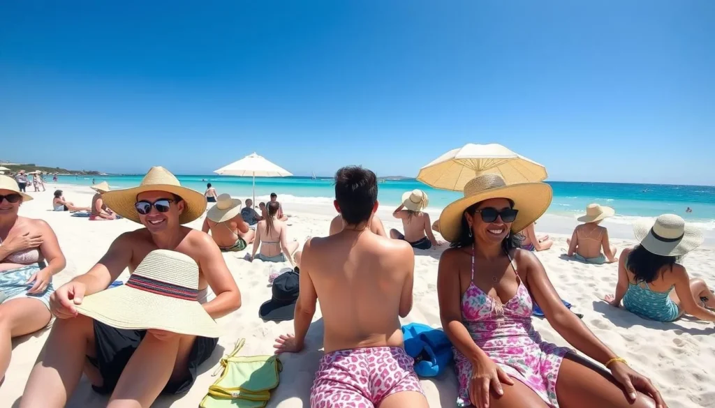 Tourists safely enjoying Meelup Beach in Dunsborough with proper sun protection Tourists safely enjoying Meelup Beach in Dunsborough with proper sun protection