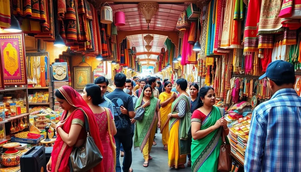 Tourists shopping in a colorful bazaar in Jaipur with traditional textiles and crafts