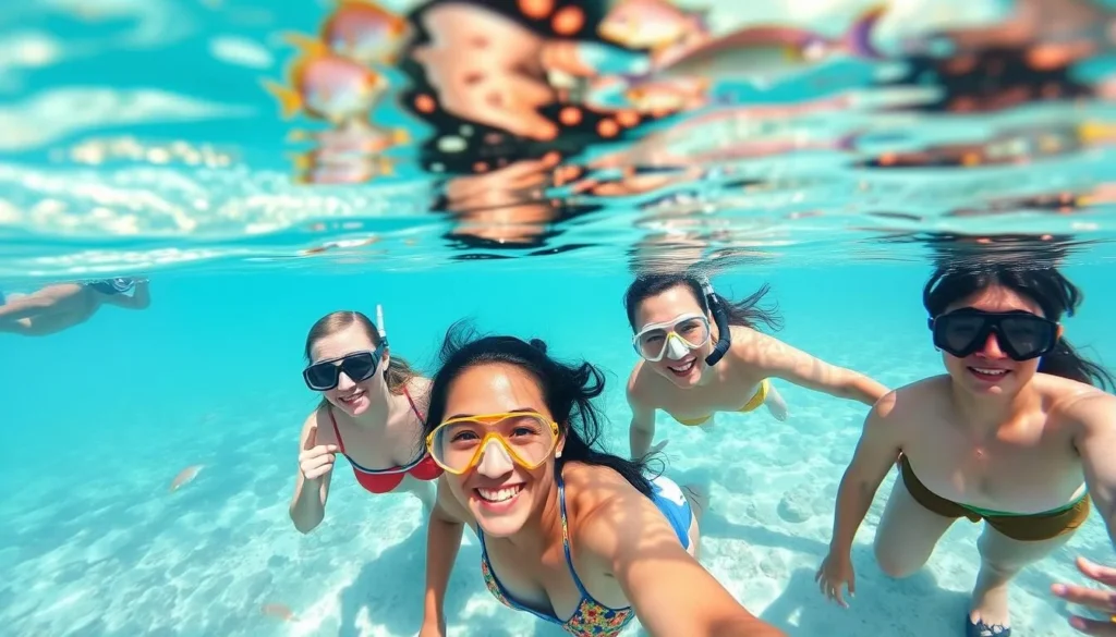 Tourists snorkeling at Cemetery Beach on Seven Mile Beach Grand Cayman with colorful fish and coral