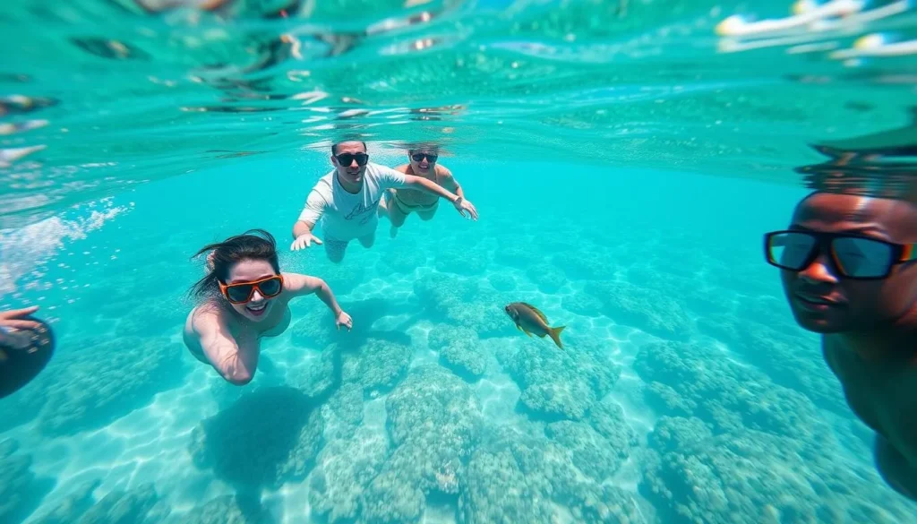 Tourists snorkeling in the clear waters of Anibare Bay, Nauru