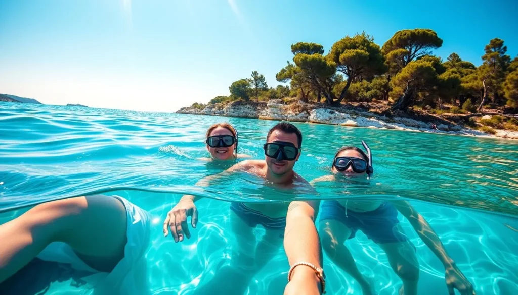 Tourists snorkeling in the crystal-clear waters around the Pakleni Islands near Hvar