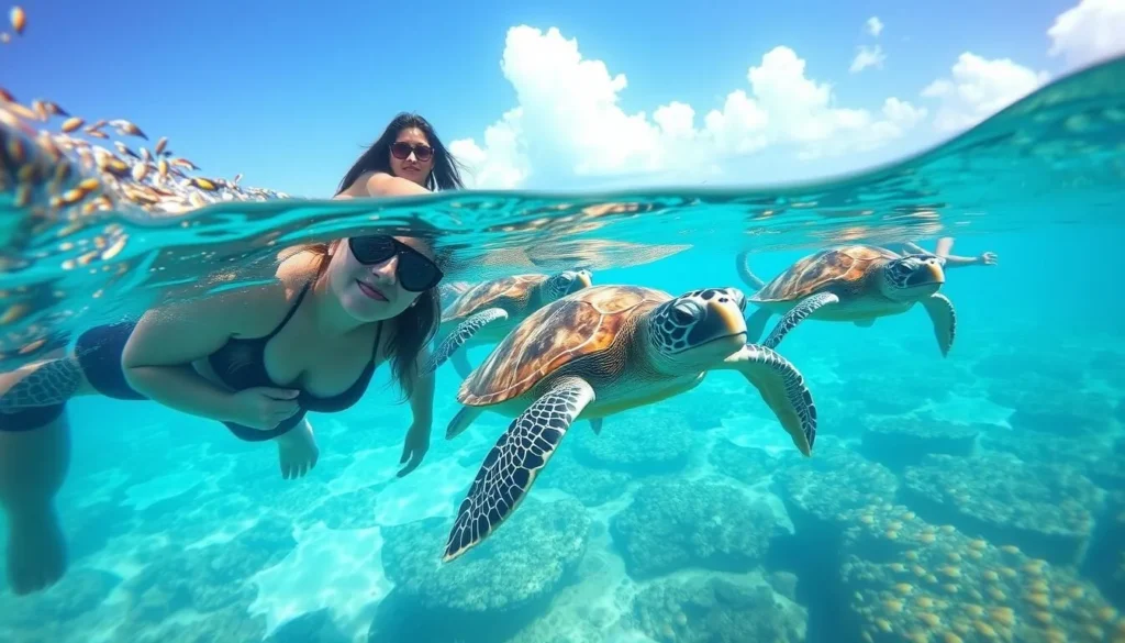 Tourists snorkeling with sea turtles at Onok Island in Balabac