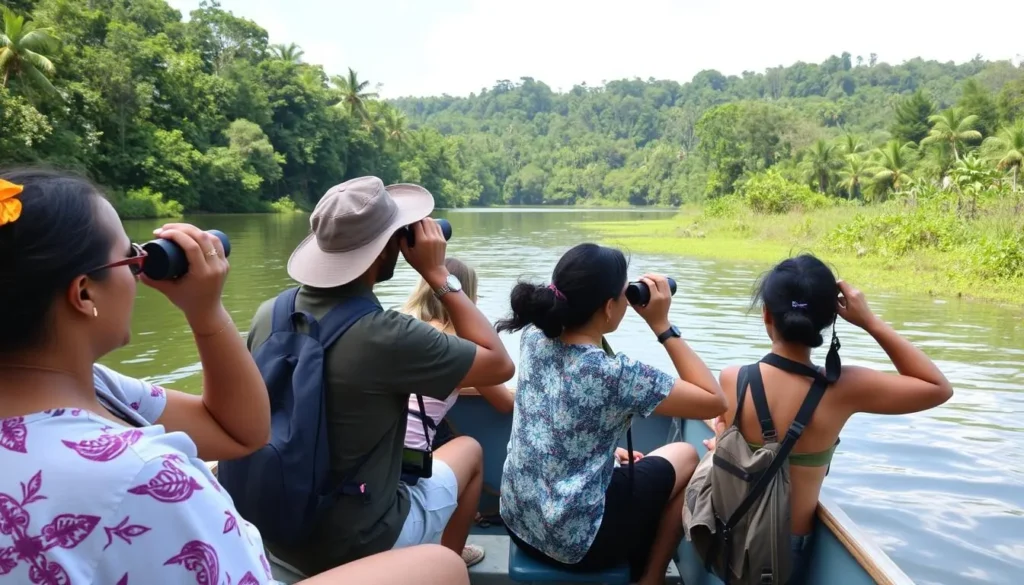 Tourists spotting wildlife from a boat on Lake Sandvoort Tourists spotting wildlife from a boat on Lake Sandvoort