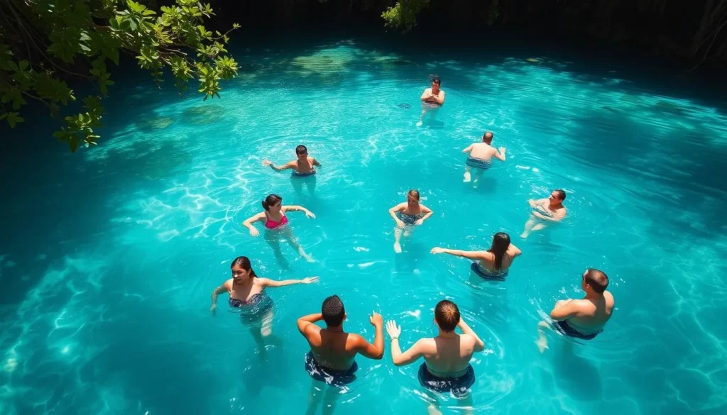 Tourists swimming in a crystal clear cenote near Cancun surrounded by lush vegetation Tourists swimming in a crystal clear cenote near Cancun surrounded by lush vegetation