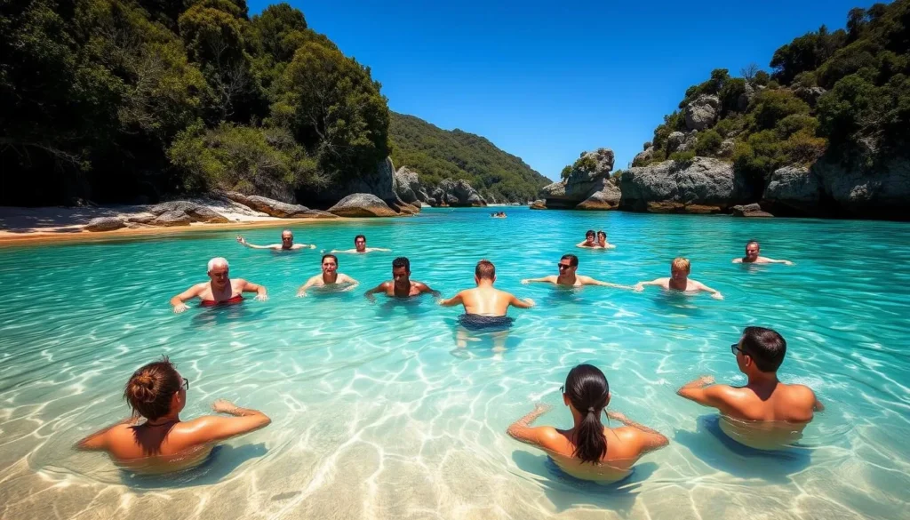 Tourists swimming in the clear waters of a secluded Abel Tasman beach