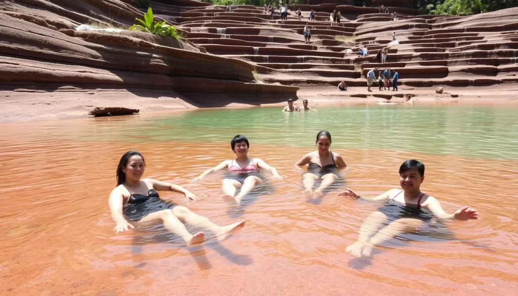 Tourists swimming in the natural pools at Orinduik Falls Guyana
