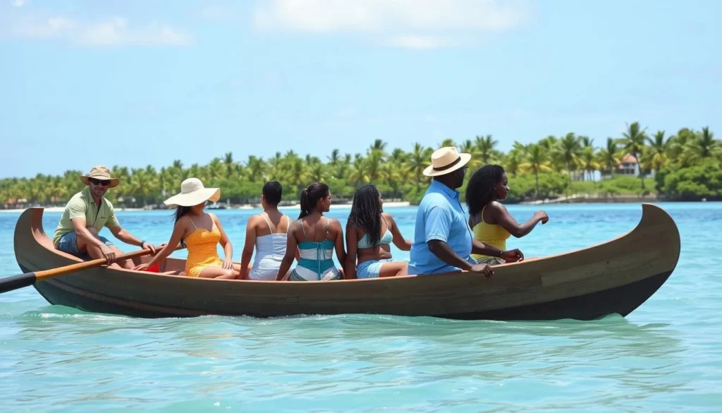 Tourists taking a canoe taxi to North Tarawa for a day excursion