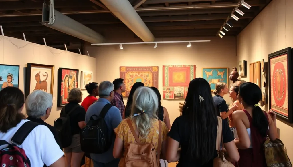 Tourists viewing Tiwi art at a local art center with indigenous artists