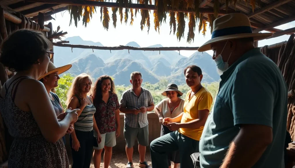 Tourists visiting a traditional tobacco farm in Viñales Valley with a farmer demonstrating cigar rolling