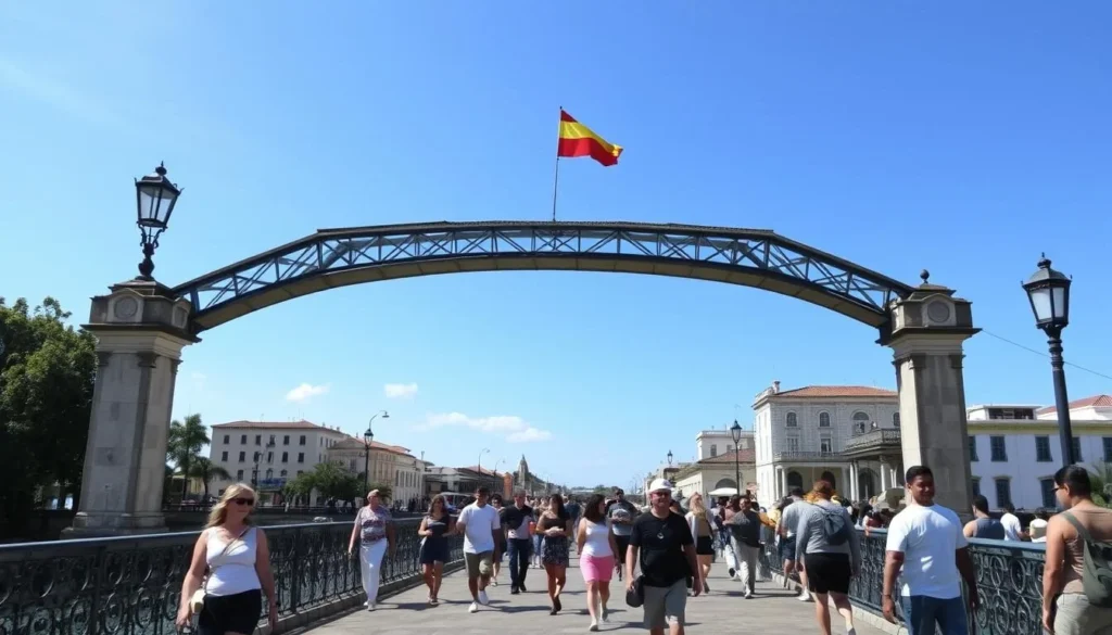 Tourists walking across one of Matanzas' famous bridges, exploring the city known as the Venice of Cuba