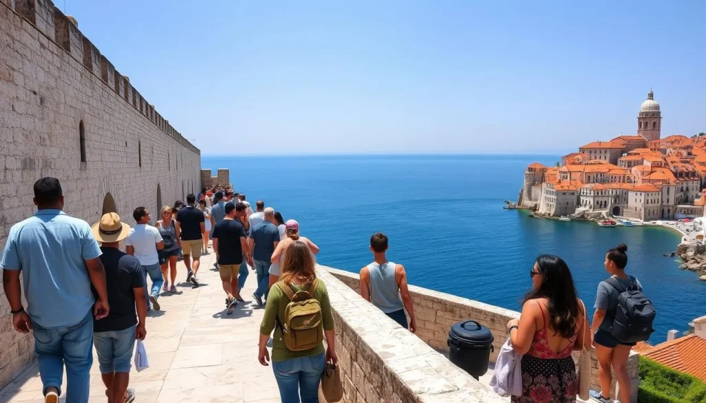Tourists walking along Dubrovnik's ancient city walls with views of the Old Town and Adriatic Sea
