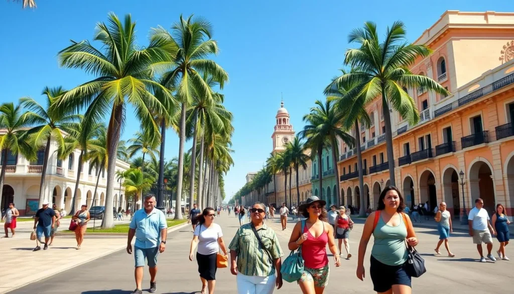 Tourists walking along Paseo del Prado in Cienfuegos with colonial buildings and palm trees Tourists walking along Paseo del Prado in Cienfuegos with colonial buildings and palm trees