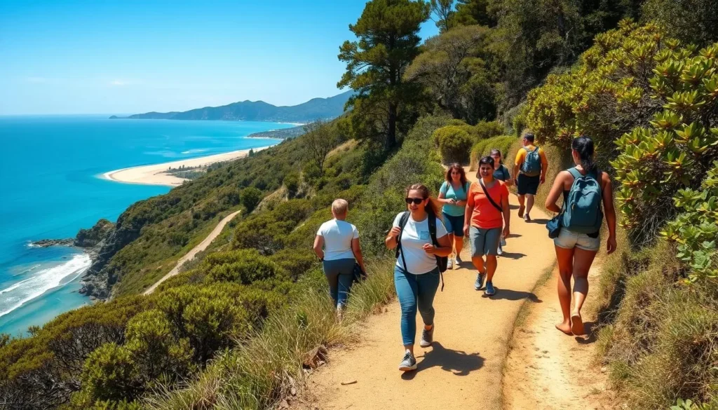 Tourists walking along a coastal path in Abel Tasman National Park with beach views