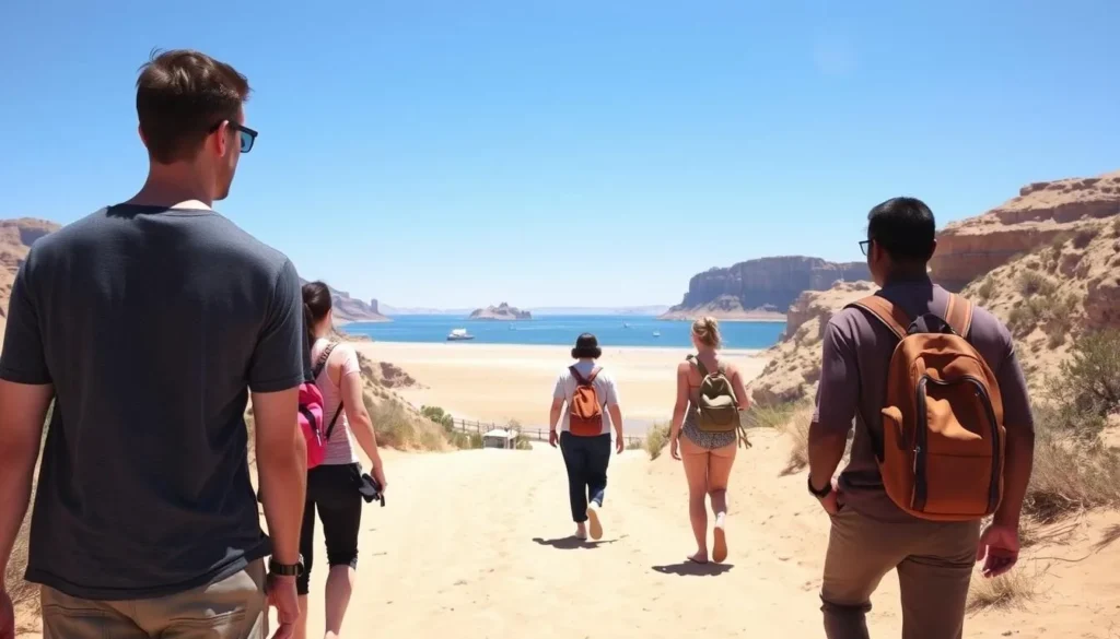 Tourists walking along a sandy path to Antelope Point beaches with boats visible in the background