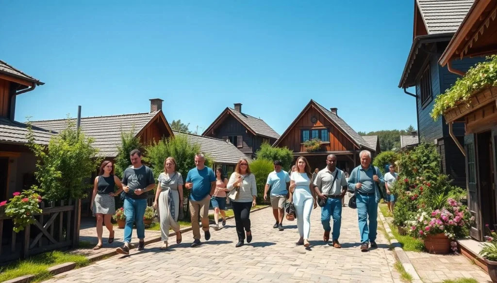 Tourists walking along cobblestone streets in Kumroec Old Village