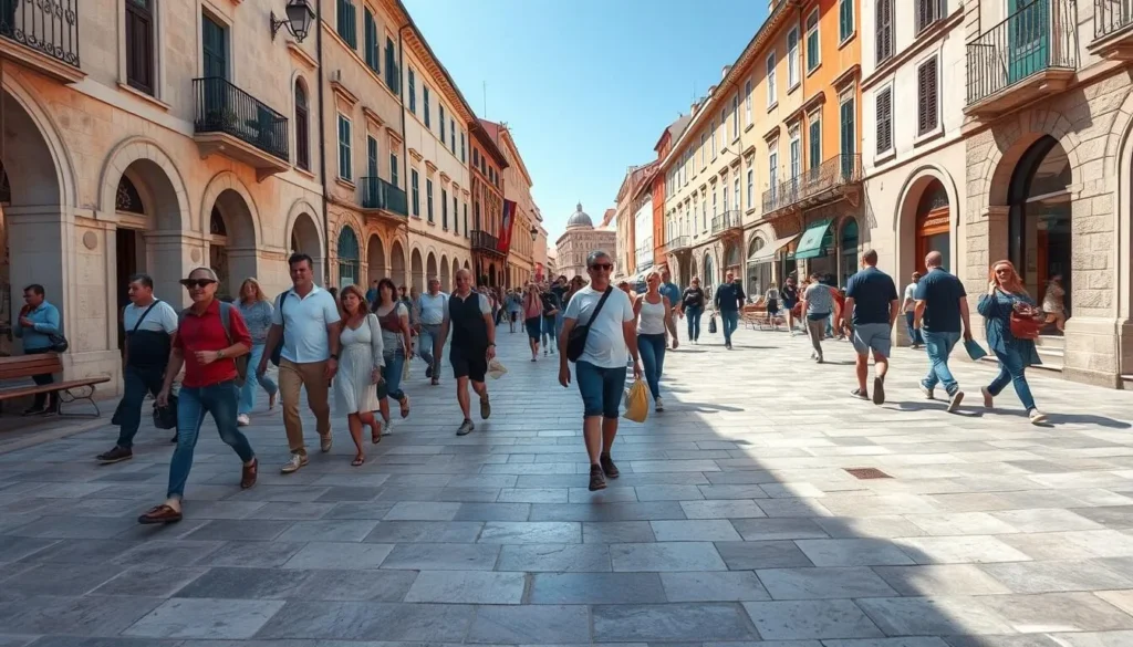 Tourists walking along the main street (Stradun) in Dubrovnik's Old Town with its distinctive limestone pavement