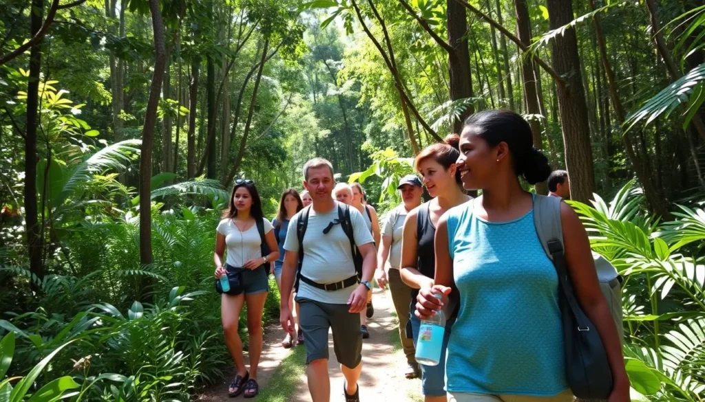 Tourists walking on a forest trail with a local guide pointing out wildlife Tourists walking on a forest trail with a local guide pointing out wildlife
