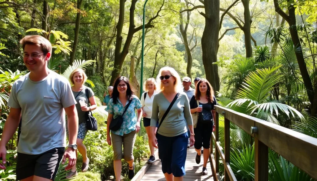 Tourists walking on rainforest boardwalk trail in Corinna Tasmania