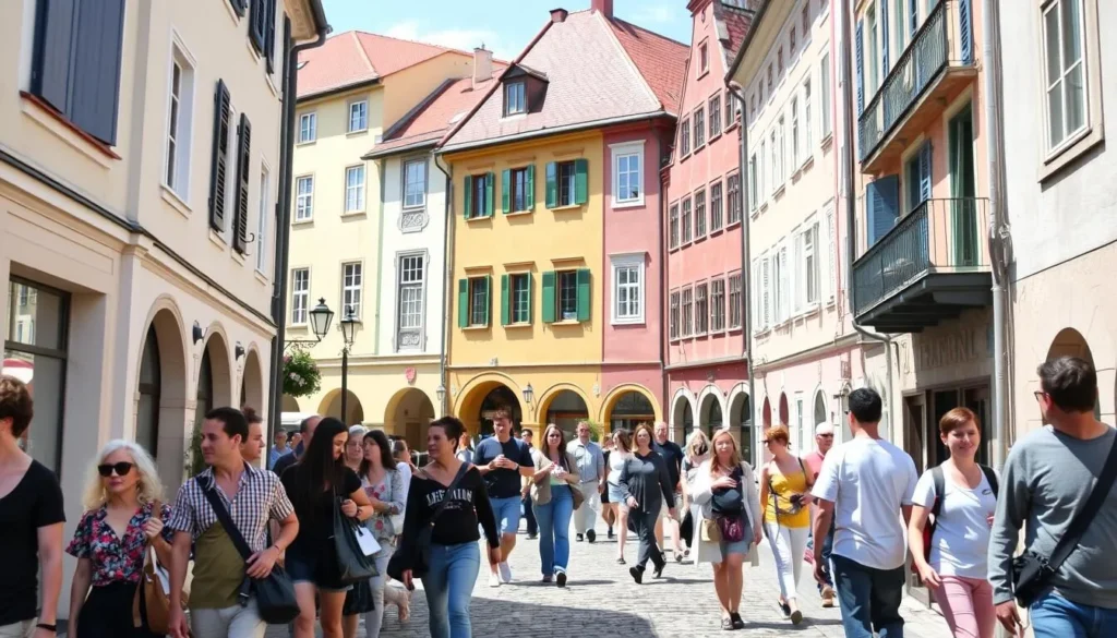 Tourists walking through Passau's pedestrian-friendly Old Town streets
