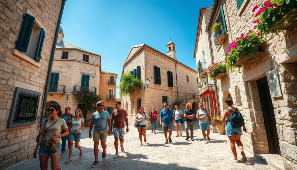 Tourists walking through the stone streets of Bol old town on Brac Island