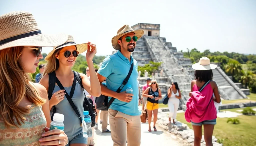 Tourists wearing hats and carrying water bottles while exploring Chichen Itza