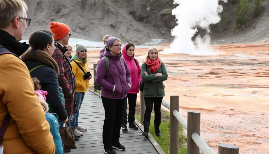 Tourists with a local guide observing safety protocols near a geothermal area Tourists with a local guide observing safety protocols near a geothermal area