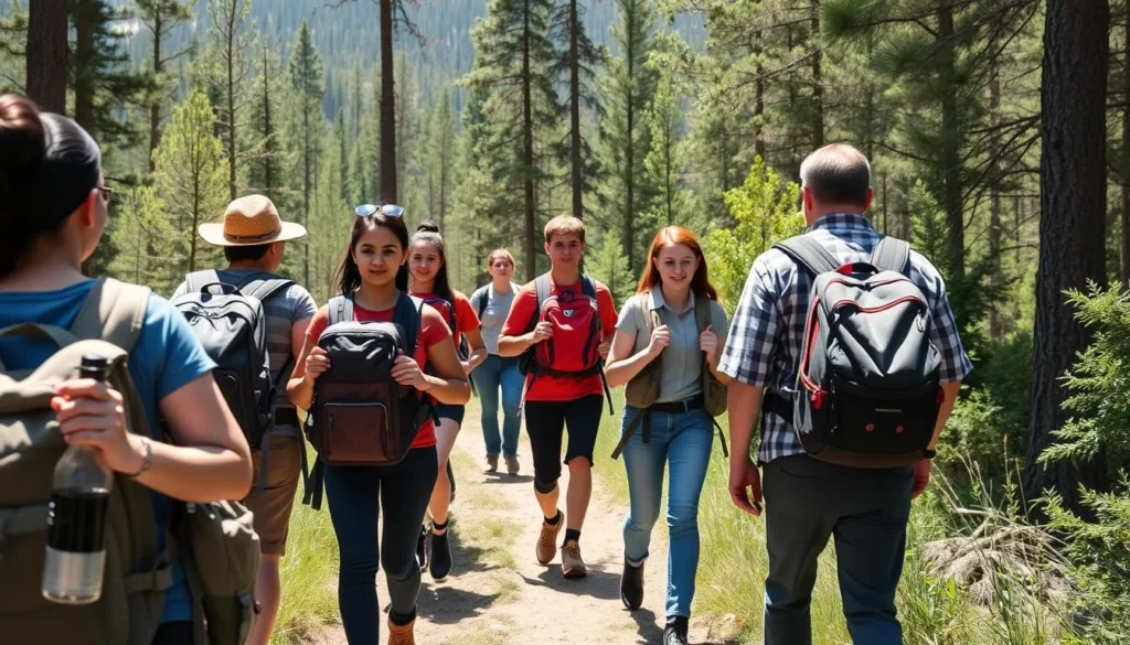 Tourists with backpacks hiking in Meshchyora National Park Russia Tourists with backpacks hiking in Meshchyora National Park Russia