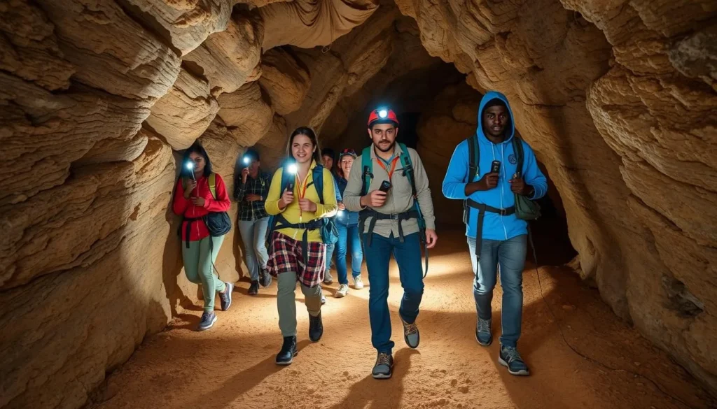 Tourists with proper safety equipment exploring Sof Omar Caves Ethiopia
