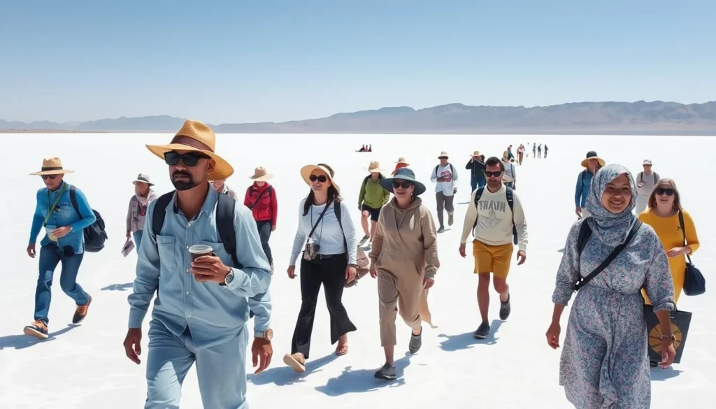 Tourists with proper sun protection gear exploring the salt flats in Danakil Depression
