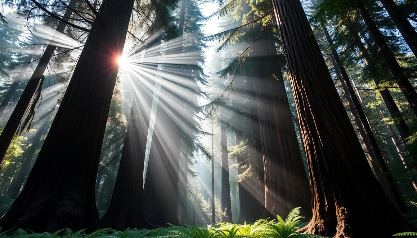 Towering-redwood-trees-in-Montgomery-Woods-State-Natural-Reserve-California-with-sunlight Towering redwood trees in Montgomery Woods State Natural Reserve California with sunlight filtering through the canopy