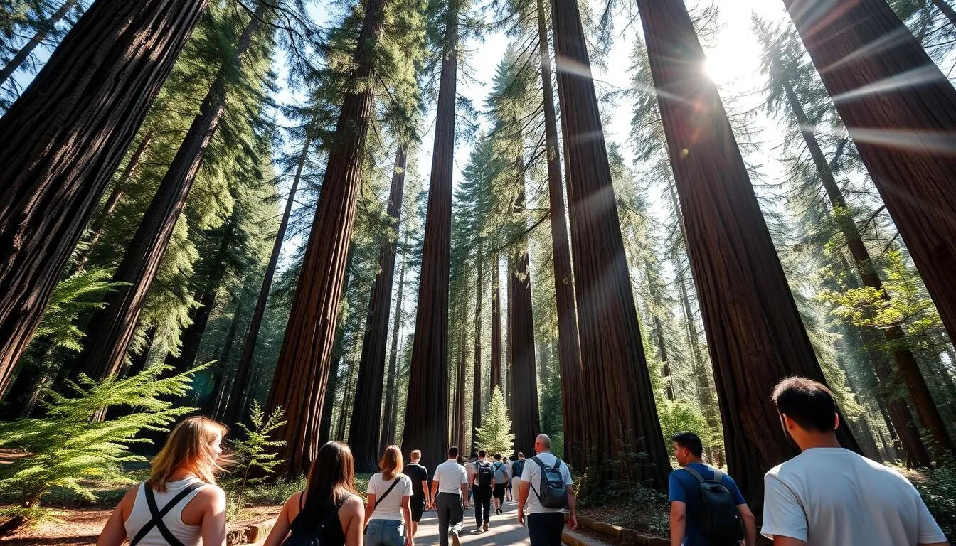 Towering-redwood-trees-in-Samuel-P.-Taylor-State-Park-with-sunlight-filtering-through-the Towering redwood trees in Samuel P. Taylor State Park with sunlight filtering through the canopy