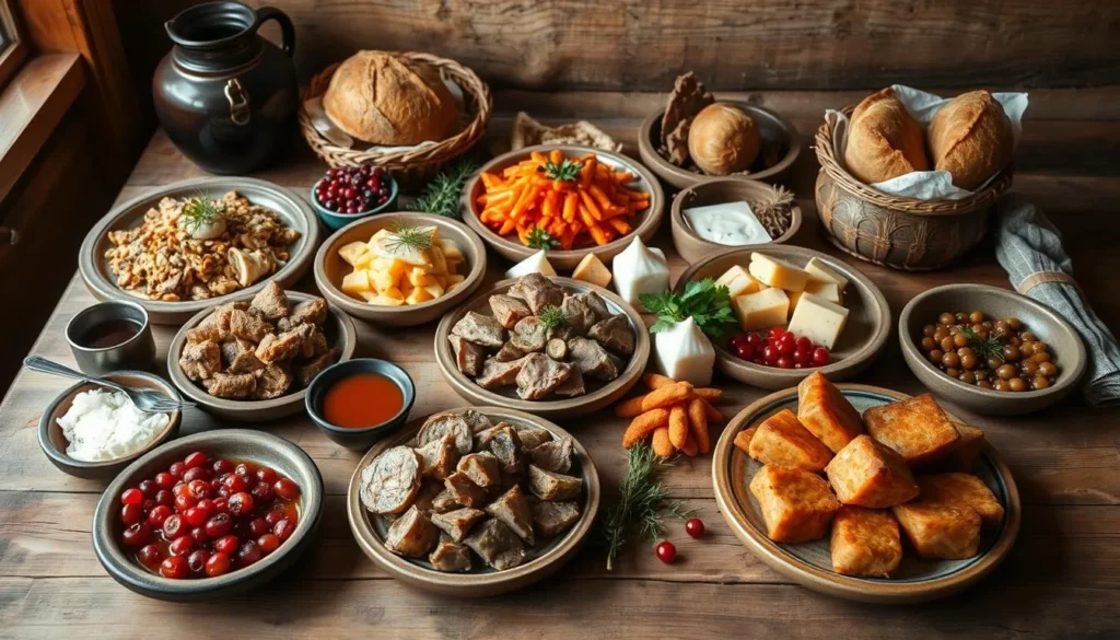 Traditional Altai cuisine with various dishes on a wooden table