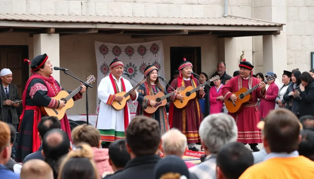 Traditional Altaian cultural performance with throat singers and traditional instruments