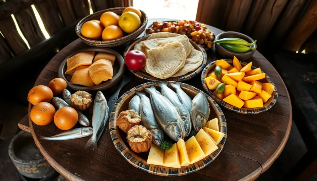 Traditional Amerindian food from Mashabo including cassava bread and fresh fish