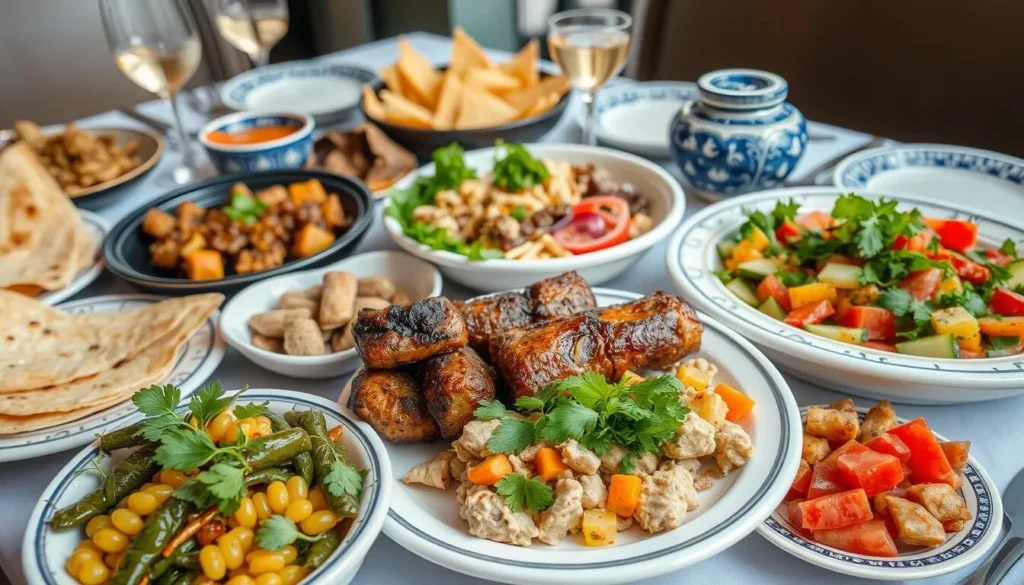 Traditional Armenian feast with various dishes including lavash bread, grilled meats, and colorful salads on a restaurant table Traditional Armenian feast with various dishes including lavash bread, grilled meats, and colorful salads on a restaurant table