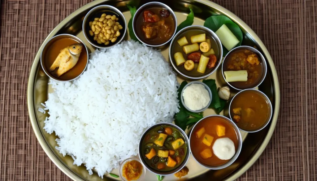 Traditional Assamese thali meal with various dishes served on a brass plate with local ingredients