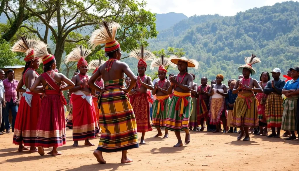 Traditional Bagisu cultural dance performance near Mount Elgon with colorful traditional attire