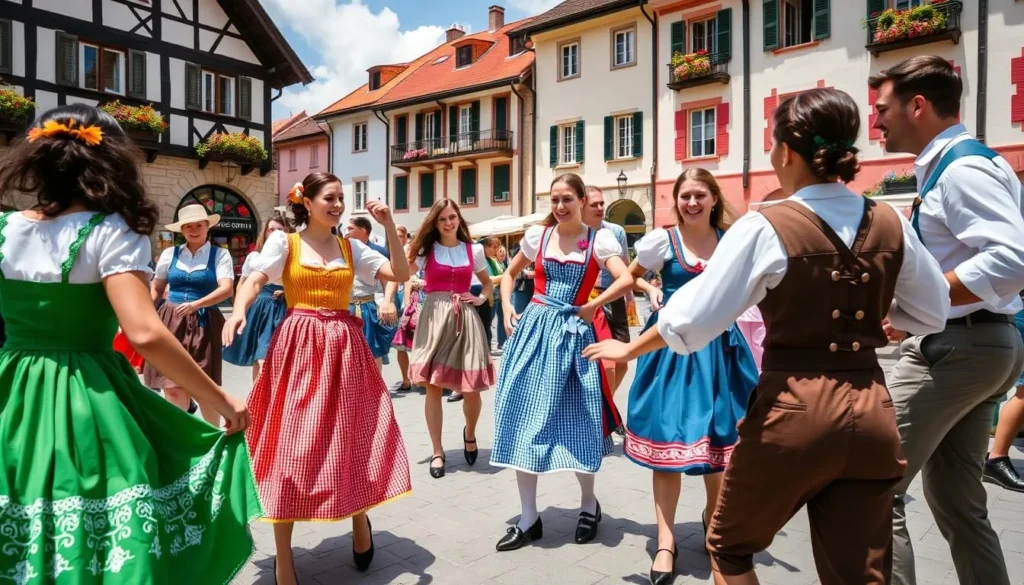 Traditional Bavarian folk dancers performing in Berchtesgaden town square