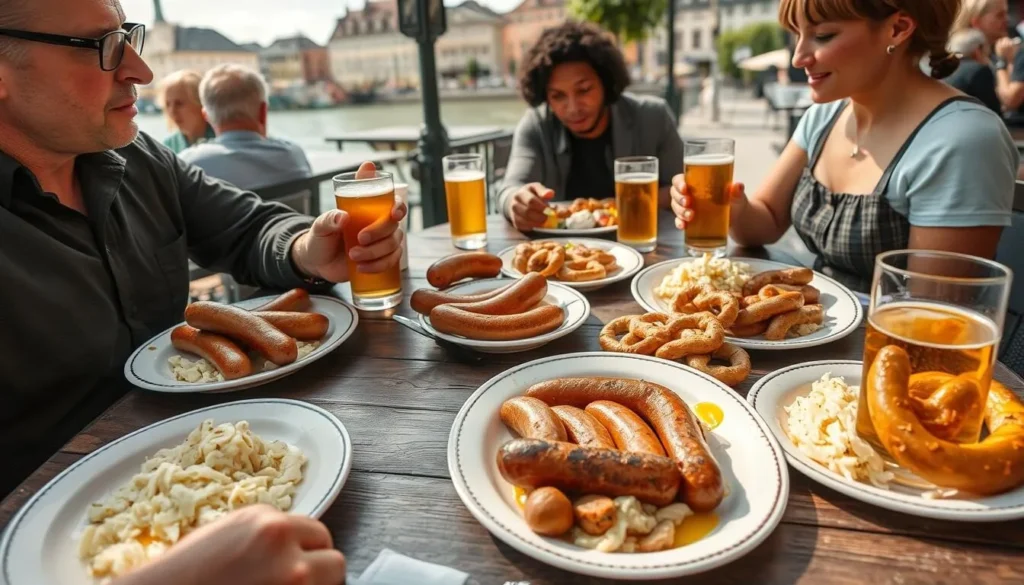 Traditional Bavarian meal being served at the Historic Sausage Kitchen in Regensburg