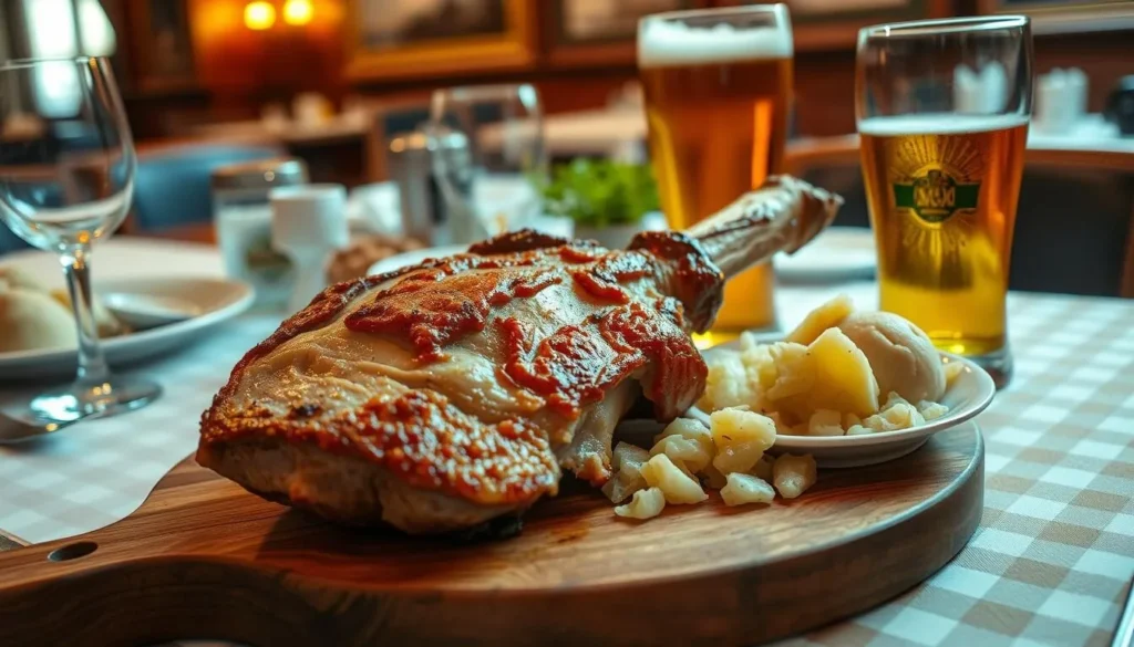Traditional Bavarian meal of Schweinshaxe (pork knuckle) with potato dumplings and beer