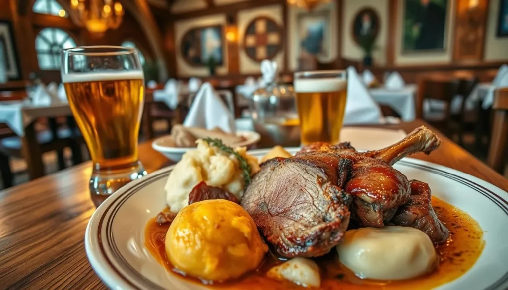 Traditional Bavarian meal with roast duck, dumplings, and local beer in a rustic restaurant setting