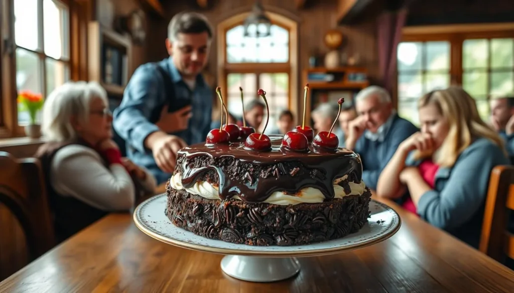 Traditional Black Forest cake being served in a rustic café Traditional Black Forest cake being served in a rustic café