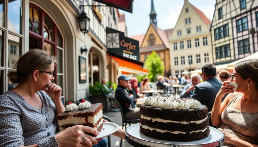 Traditional Black Forest cake being served in an elegant Baden-Baden cafe with outdoor seating