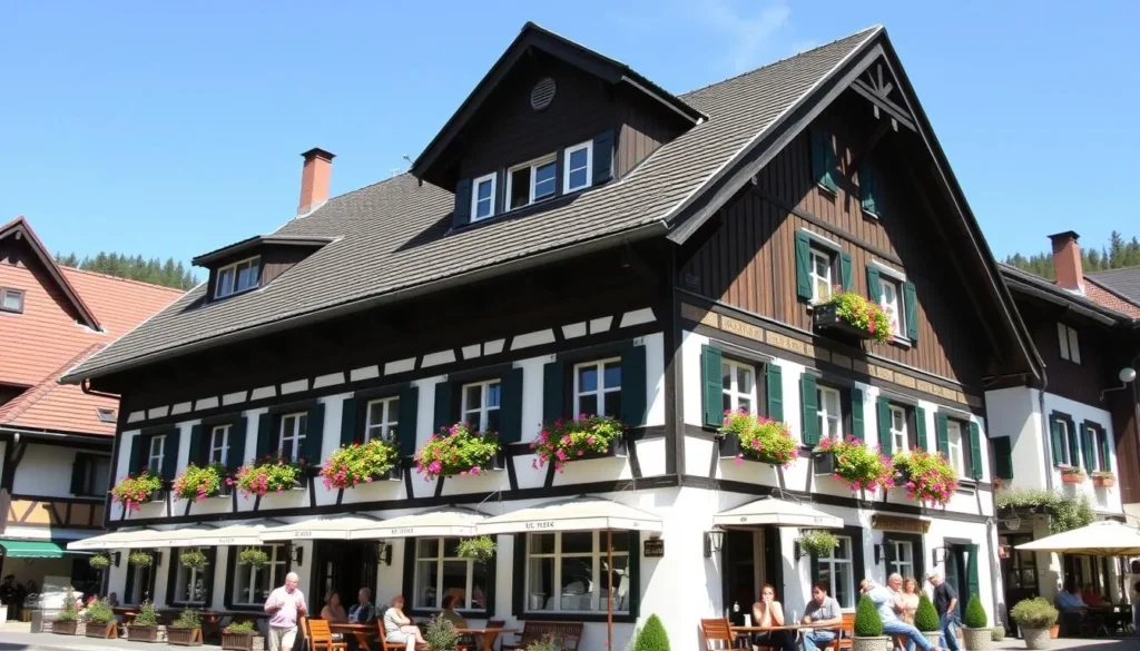 Traditional Black Forest guesthouse with wooden architecture and flower boxes