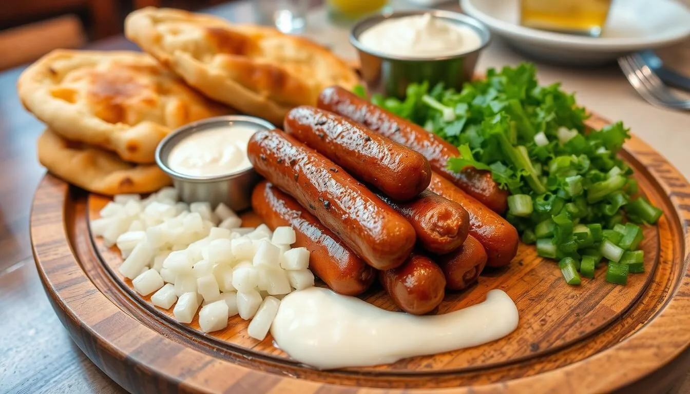 Traditional Bosnian food including ćevapi with bread, onions and kajmak served on a wooden platter